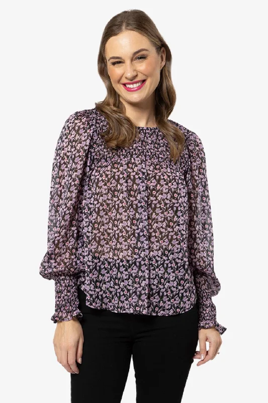 Hugging Black Lilac Iris Shirred Bodice LS TopSave More Than Ever!