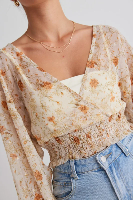Nightfall Cream Floral Ls Sheer Cropped TopExclusive Savings This Week!