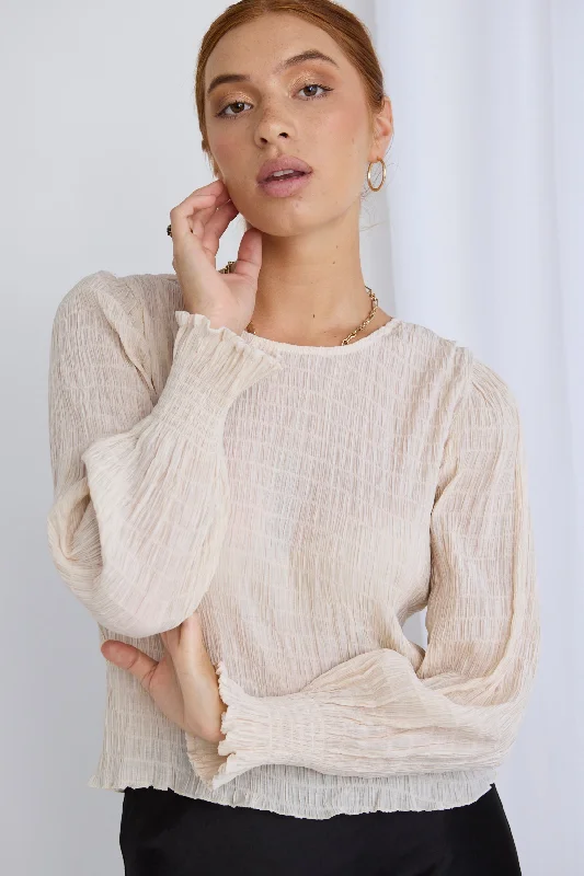 Norah Ecru Shirred LS Crew Neck TopSave Like Never Before!