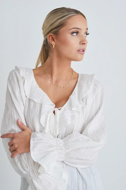 Objective White Self Stripe Ruffle Front Ls TopSpecial Discounts Inside!