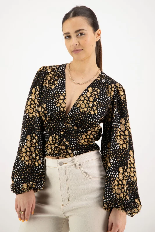 Reign Gold Spot LS Balloon Sleeve Plunge Button Front Crop TopLimited Time Offer!