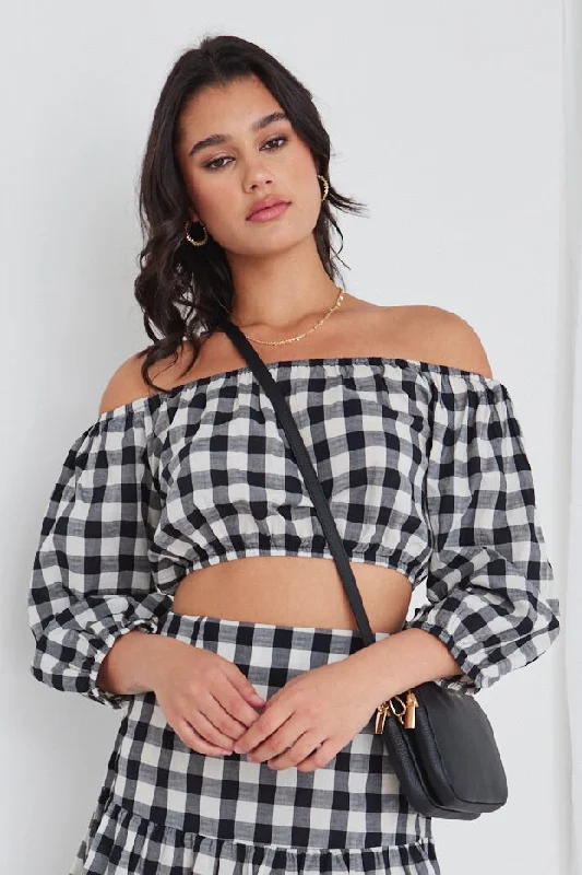 Versitile Black And White Gingham Cropped Elastic TopSave Up to 50% Off!