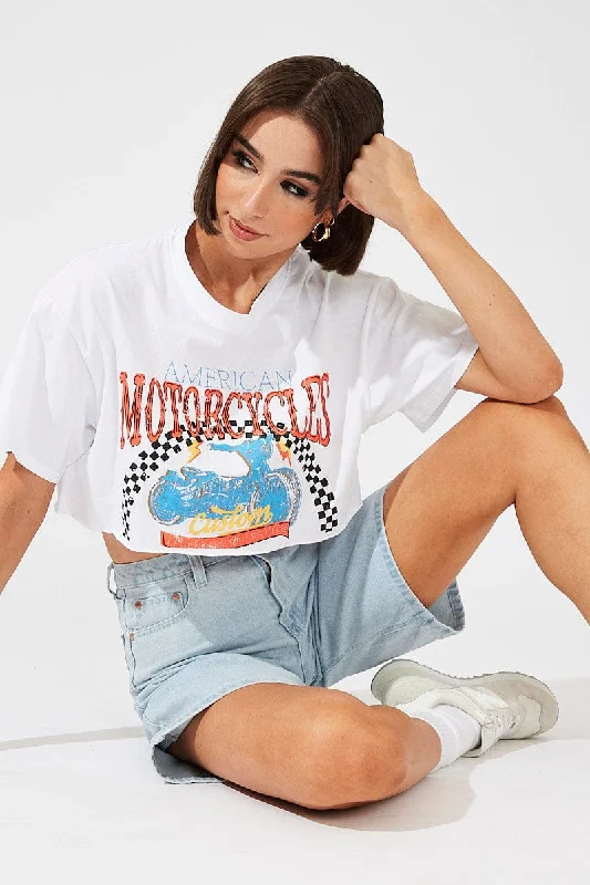 White Motocross Tee Biker Racing Graphic Crop T-ShirtThe Best Offers Are Here!