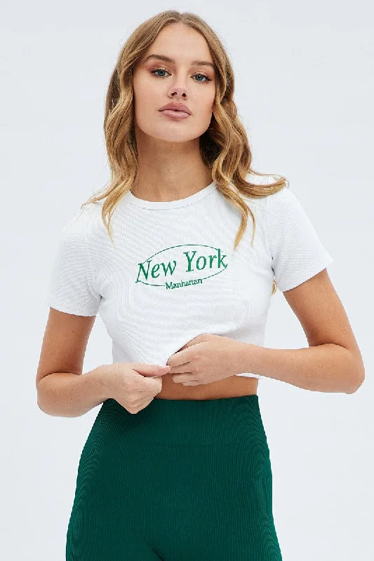 White Tee Crop Short Sleeve New York EmbroideryThe Best Sale of the Year!