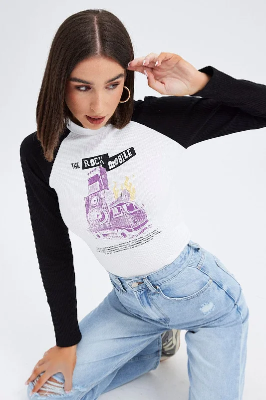 White Top Long Sleeve Crew Neck Longline Rock GraphicSeasonal Sale – Shop Now!